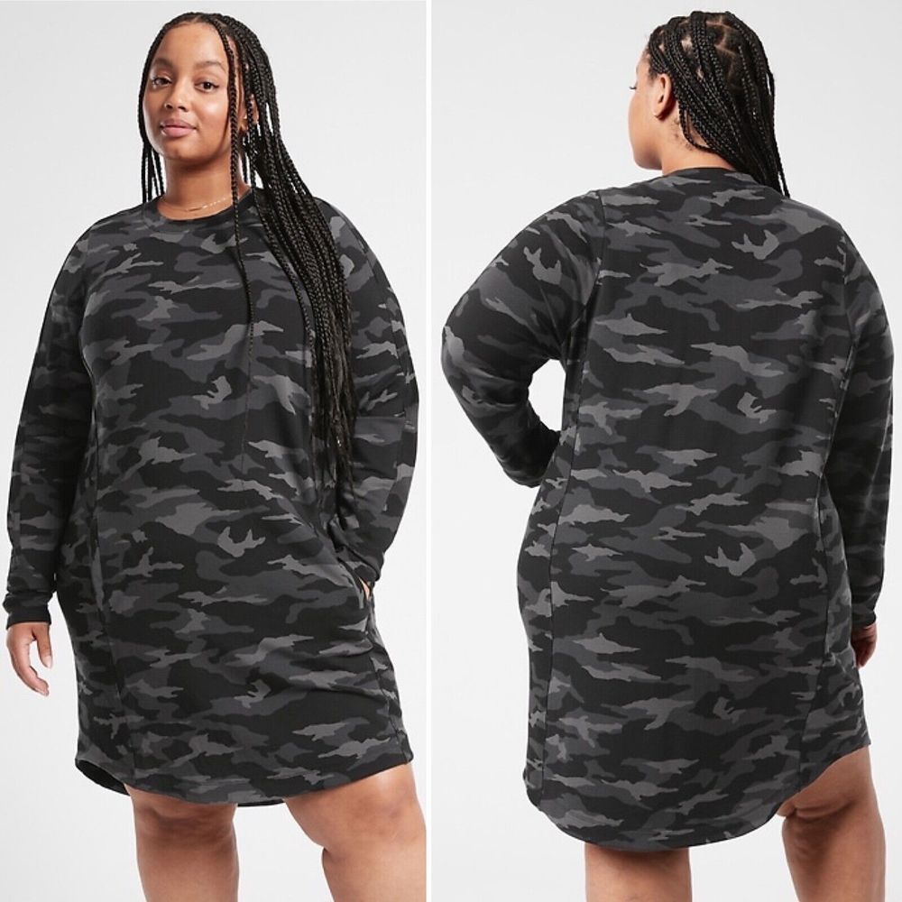NWT Athleta Balance Printed Dress Plus‎ 1X 16W 18W Black Camo Lux Zip Pocket